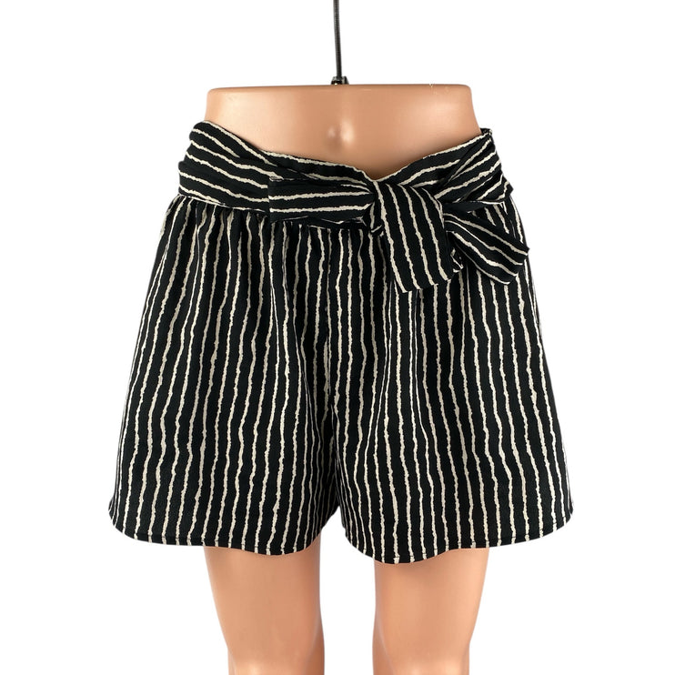 Silence + Noise Black White Stripe High Rise Tie Casual Lounge Paperbag Shorts S