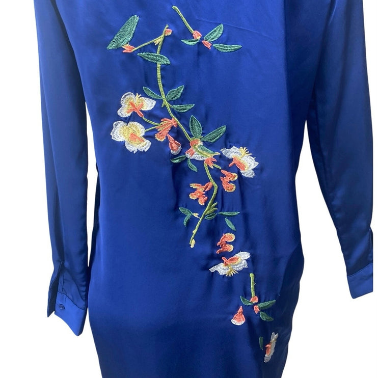 Missguided Blue Floral Embroidered Long Sleeve Button Down Midi Dress Size 8