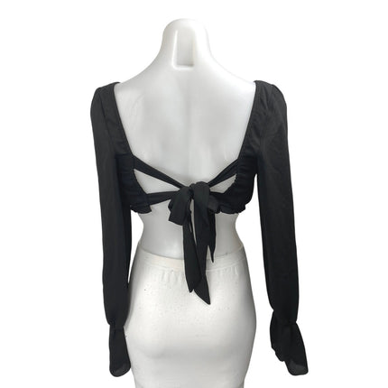 Tiger Mist Black Long Sleeve Ruffle Ruched Tie Back Blouse Crop Top Size M