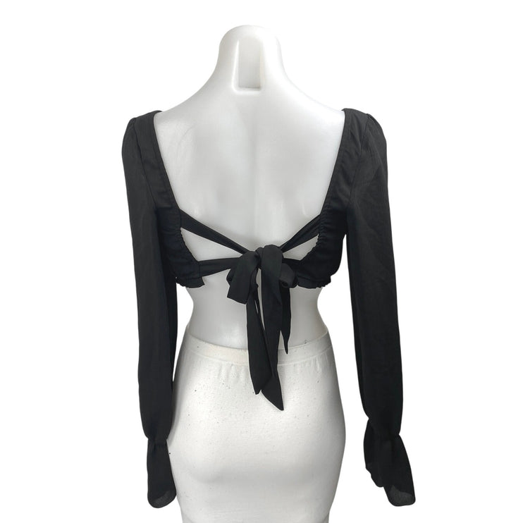 Tiger Mist Black Long Sleeve Ruffle Ruched Tie Back Blouse Crop Top Size M