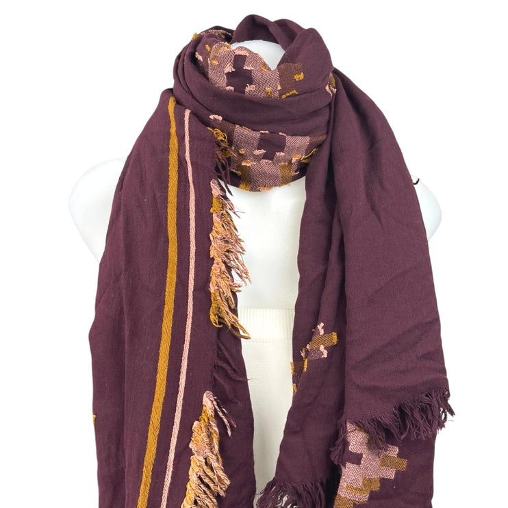 Aritzia Wilfred Purple Cotton Tribal Print Fringe Shawl Wrap Scarf One Size