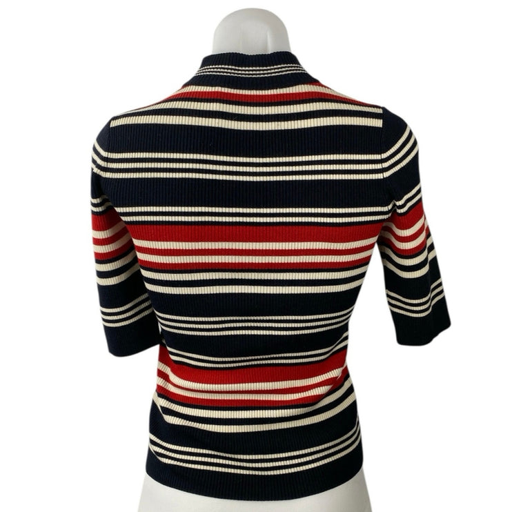 Nicholas Multicolor Wool Striped Rib Knit Mock Neck Short Sleeve Sweater Top M