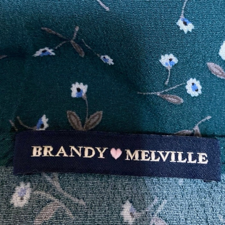 Brandy Melville Green Floral Short Sleeve V Neck Wrap Tie Blouse Crop Top Size S