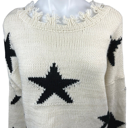 Katwalk Cream White Star Print Distressed Knit Oversize Pullover Sweater Top S/M