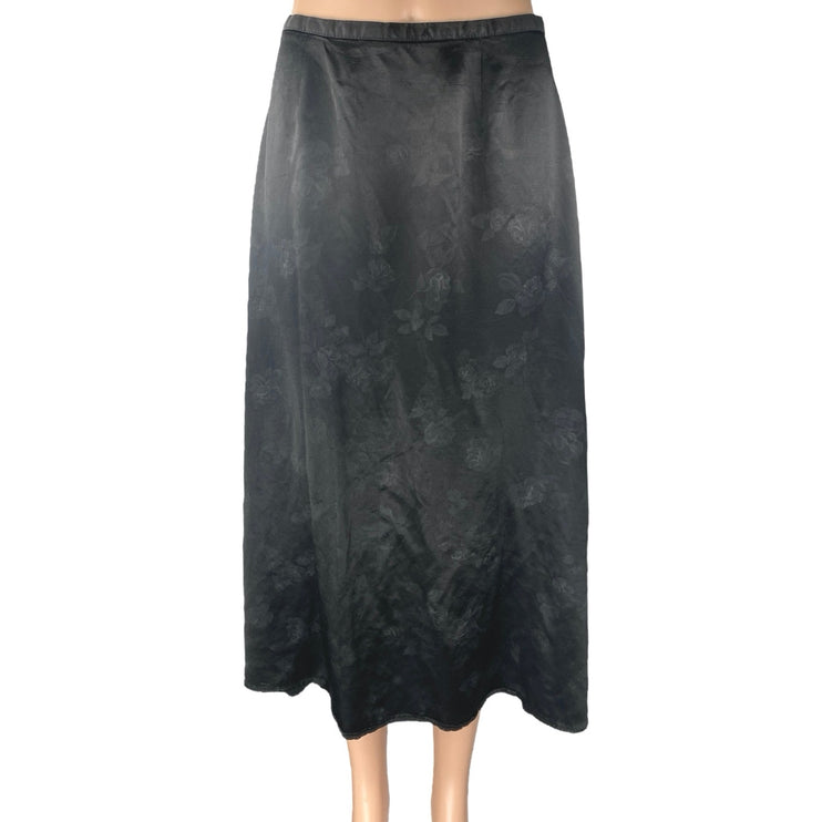 Bentley Women's Black Silky Satin Floral Zipper Midi A-Line Slip Skirt Size S