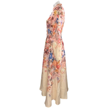 Commense Women's Multicolor Collared Balloon Sleeve Midi Flare A-Line Dress XS