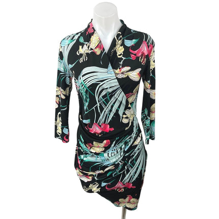 Jennifer Lopez Multicolor Long Sleeve Tropical Ruched Mini Bodycon Wrap Dress XS