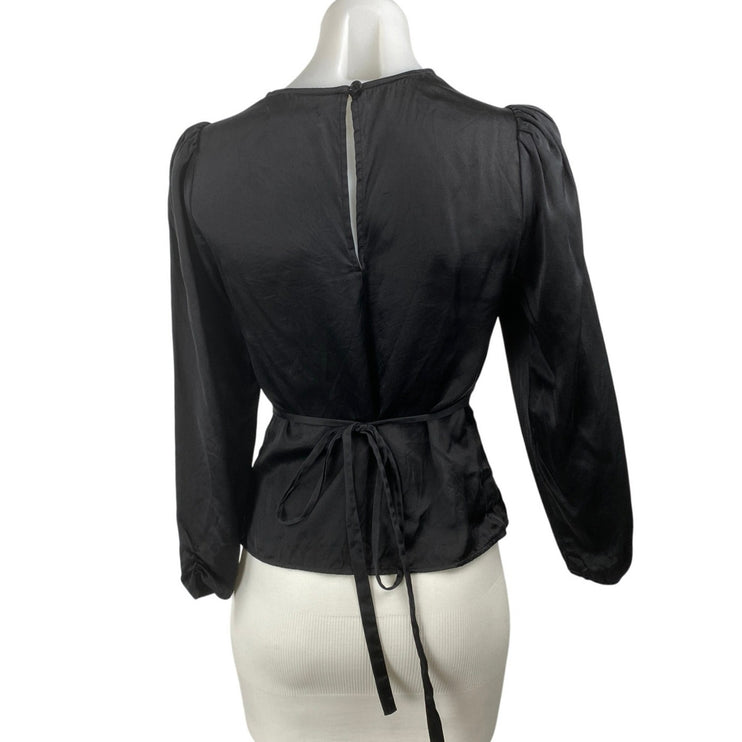 Reformation Roe 100% Silk Black Ruched Boat Neck Long Sleeve Peplum Blouse Top 4