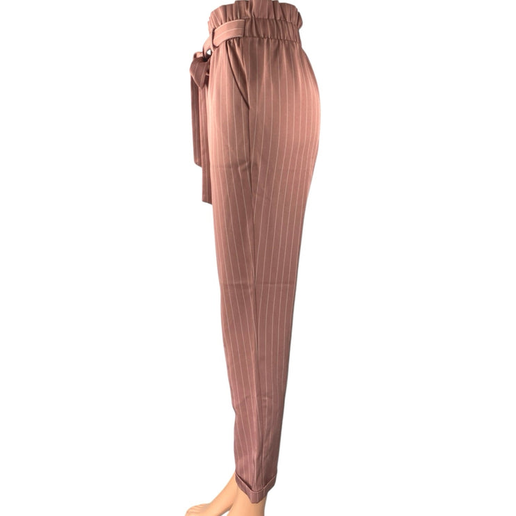 Charlotte Russe Pink Pinstriped Tapered High Waist Paperbag Trousers Pants Sz XS