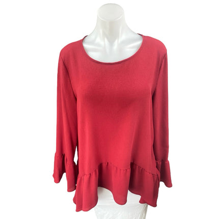 Gibson Women's Red Long Bell Sleeve Knit Ruffle Round Neck Sweater Top Size L