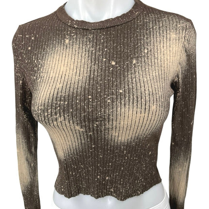 La Luxe Brown Tie Dye Galaxy Print Rib Knit Long Sleeve Crop Sweater Top Size S