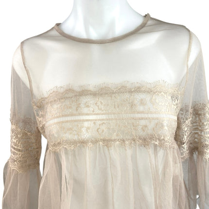Forever 21 Tan Floral Lace Mesh Sheer Long Sleeve See Trough Blouse Top Size S