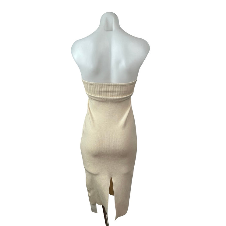 NEW Lillusory Beige Knit Twist Front Strapless Tube Bandeau Midi Bodycon Dress S