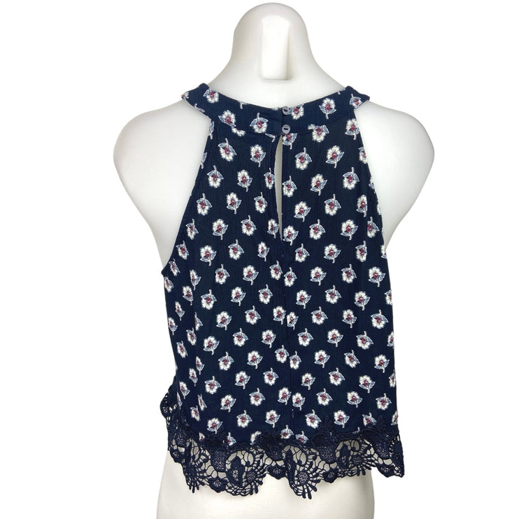 Abercrombie & Fitch Blue Floral High Neck Lace Hem Sleeveless Blouse Top Size L