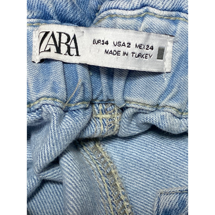 Zara Women's Blue Light Wash High Waisted Tapered Paperbag Denim Jeans Size 2