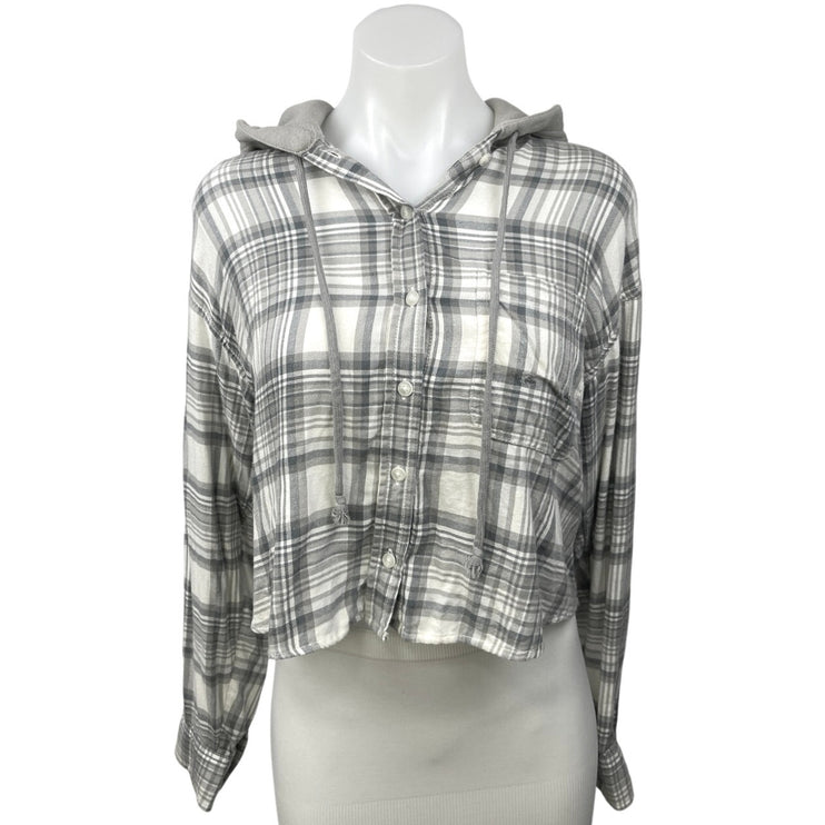 American Eagle Gray Plaid Cozy Cabin Flannel Crop Hoodie Hooded Shirt Top Size S