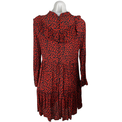 ZARA Red Black Leopard Print Ruffle Mock Neck Long Sleeves Mini A-Line Dress S