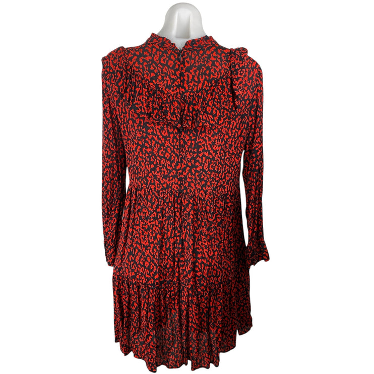 ZARA Red Black Leopard Print Ruffle Mock Neck Long Sleeves Mini A-Line Dress S