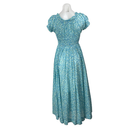 Doen Ashlynn Blue Floral Shirred Puff Sleeve Smocked A Line Midi Dress Size S