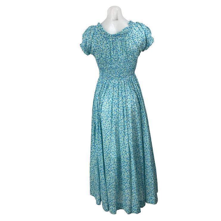 Doen Ashlynn Blue Floral Shirred Puff Sleeve Smocked A Line Midi Dress Size S