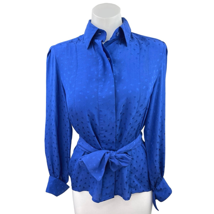 Vintage Oleg Cassini Blue 100% Silk Satin Collar Button Tie Waist Blouse Top 6