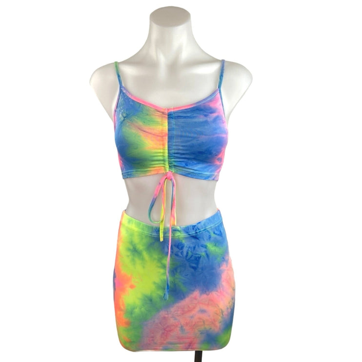 2 Piece Outfit Rainbow Tie-Dye Bodycon Spaghetti Strap Crop Top Mini Skirt Set S