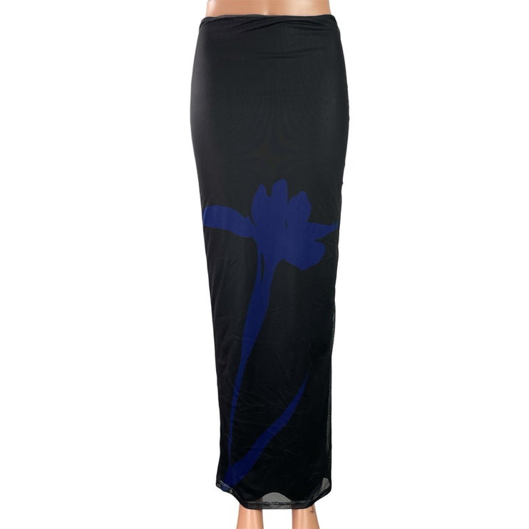 Superdown Women's Black Floral Graphic Print Straight Pencil Maxi Skirt Size S