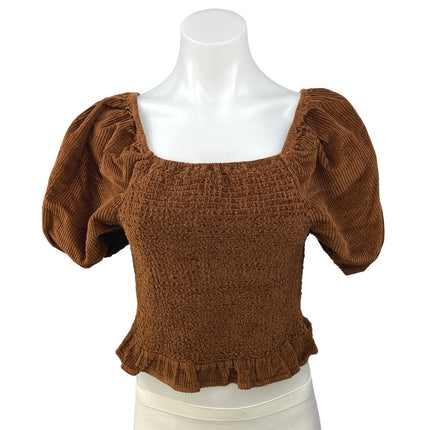 American Eagle Brown Corduroy Peplum Smocked Velvet Velour Crop Top Blouse Sz L