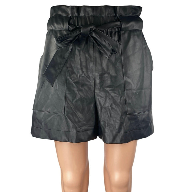 Zara Women's Black High Rise Tie Waist Faux Leather Vegan Paperbag Shorts Size M