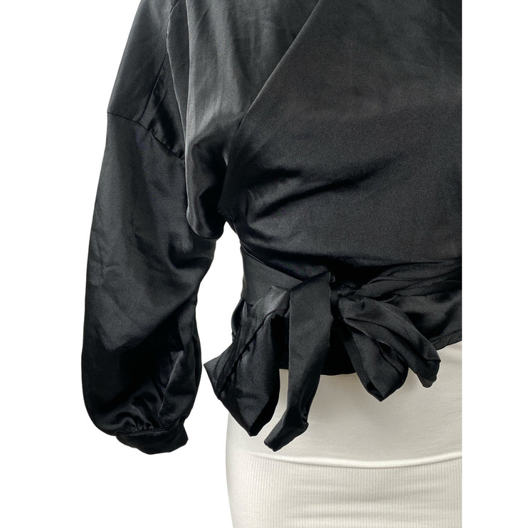Boohoo Women's Black Silk Satin Long Sleeve Tie Cropped Wrap Blouse Top Size S