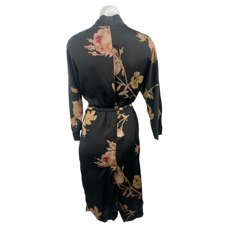 Aritzia Wilfred Black Floral Tie Waist Long Sleeve Belted Midi Robe Sleepwear S