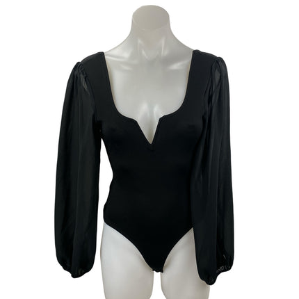 Lulus Women's Black Long Sleeve Mesh Notch V Neck Open Back Bodysuit Top Size XS