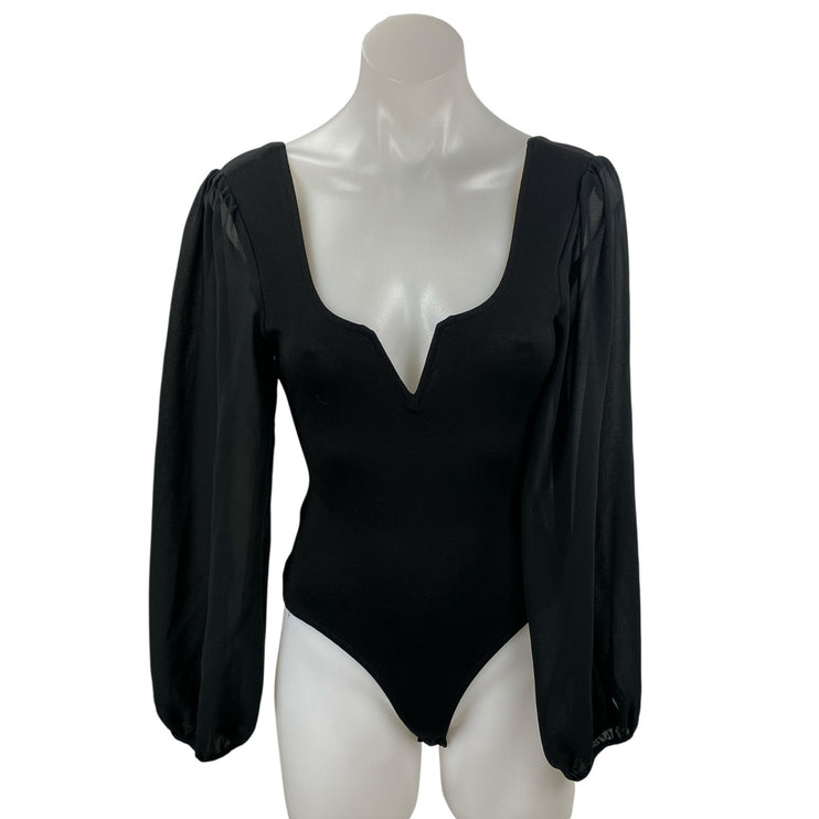 Lulus Women's Black Long Sleeve Mesh Notch V Neck Open Back Bodysuit Top Size XS
