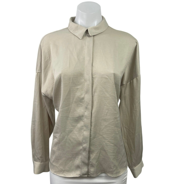 Zara Women's Cream White Long Sleeve Collared Pleated Button Down Shirt Top Sz M