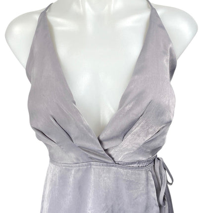 Lush Gray Satin Faux Wrap Sleeveless V-neck Cami Camisole Midi A-Line Dress Sz M