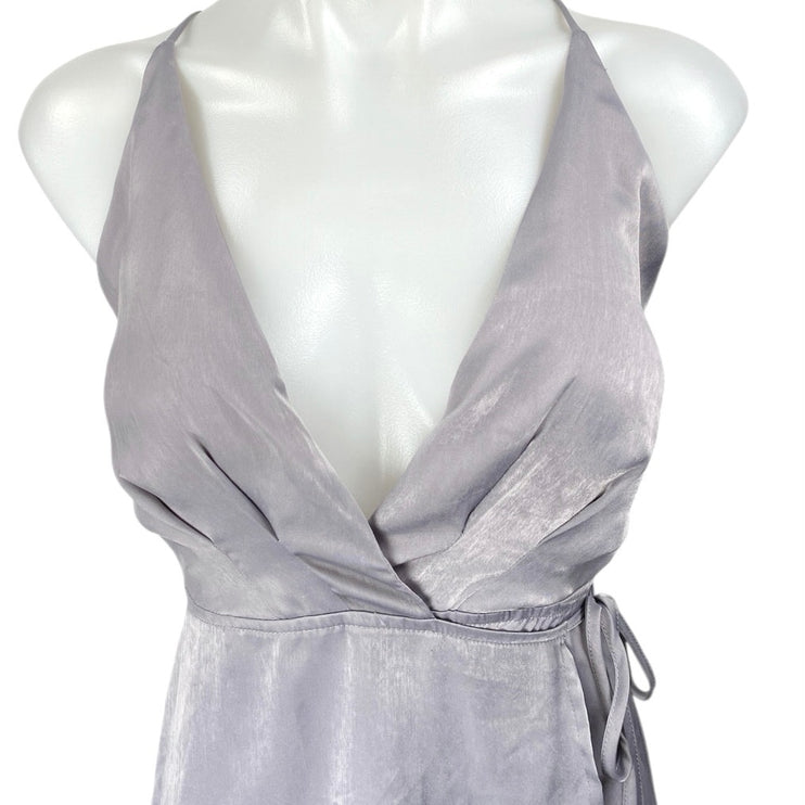 Lush Gray Satin Faux Wrap Sleeveless V-neck Cami Camisole Midi A-Line Dress Sz M