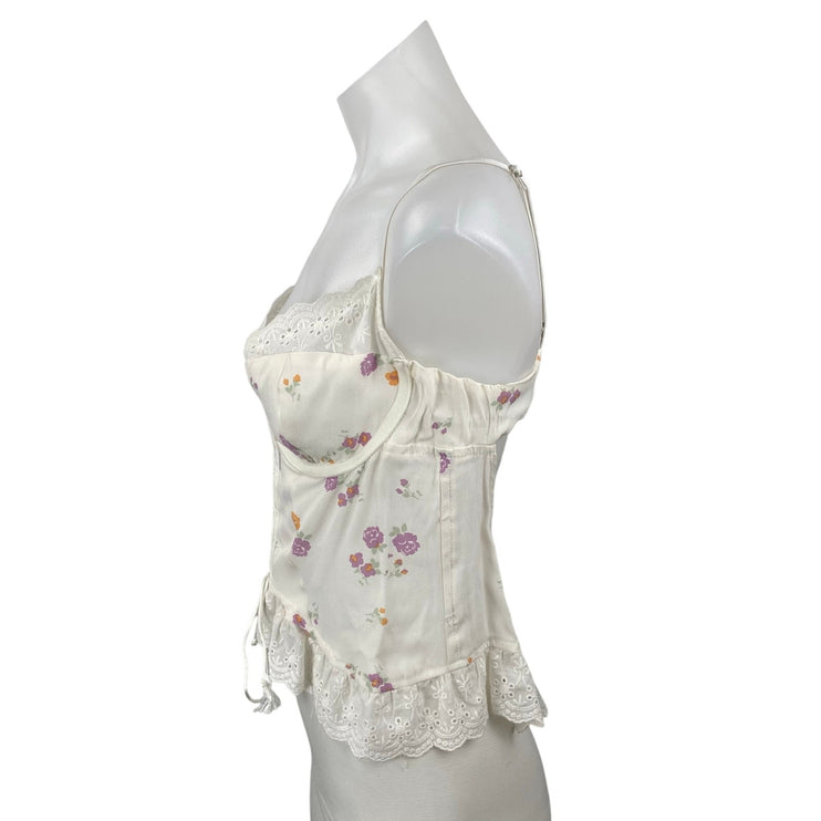 Sky To Moon Women's White Floral Bustier Corset Ruffle Lace Cami Tank Top Size M