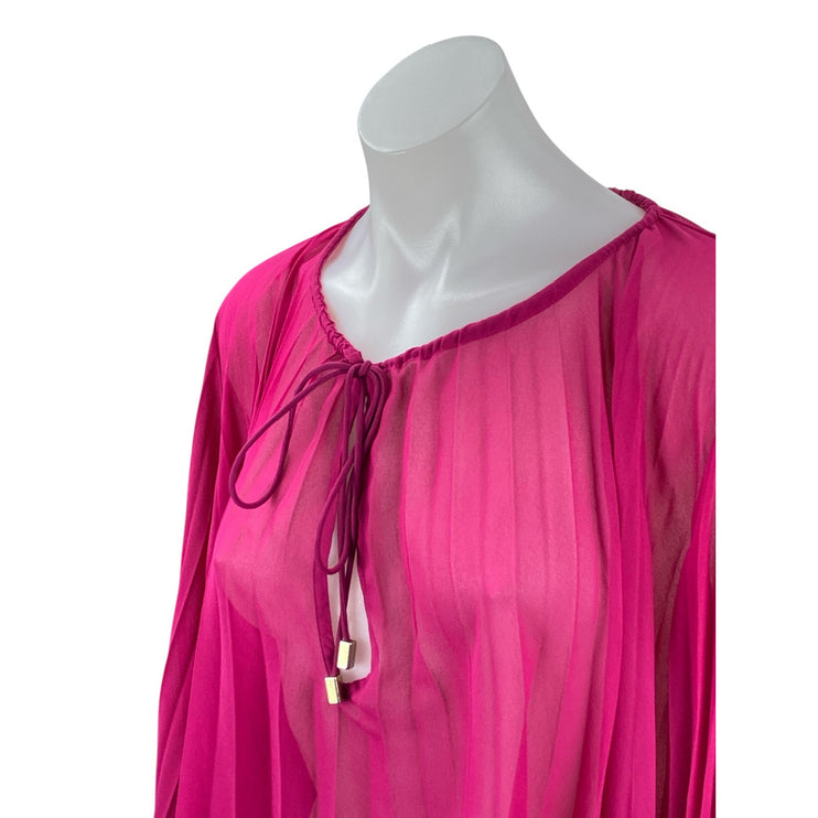 Zara Women's Pink Long Sleeve Mesh Sheer Tie Pleated Plisse Blouse Top Size S