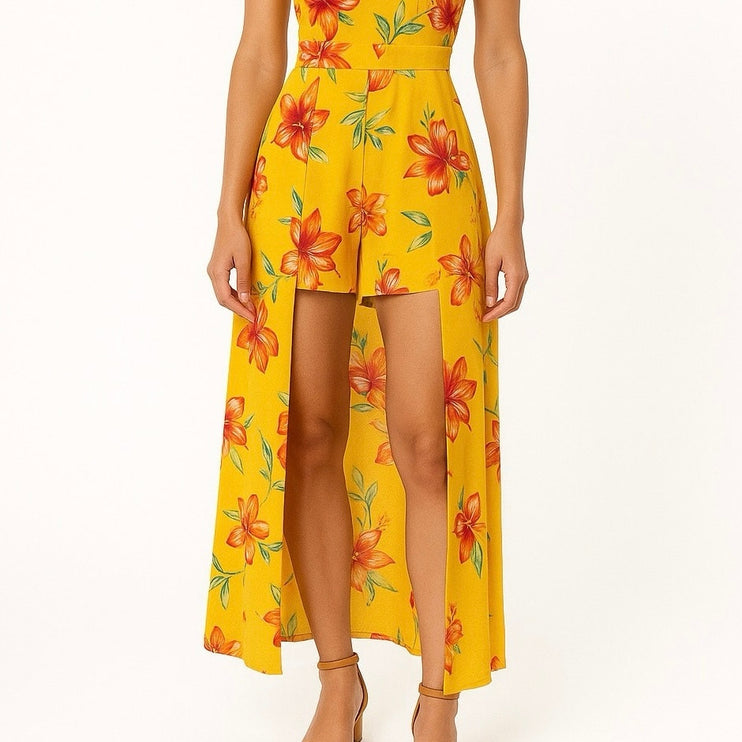 Guess Yellow Floral Sleeveless Cami Camisole Tank Skort Skirt Romper Shorts L