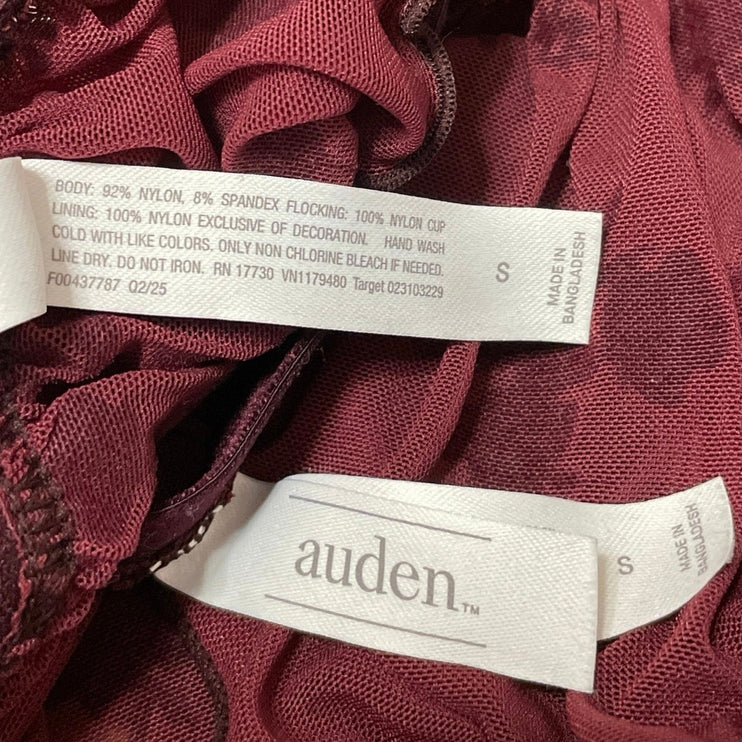 Auden Flocked Womens Red Black Floral Mesh Bralette & Mini Short Lingerie Sets S