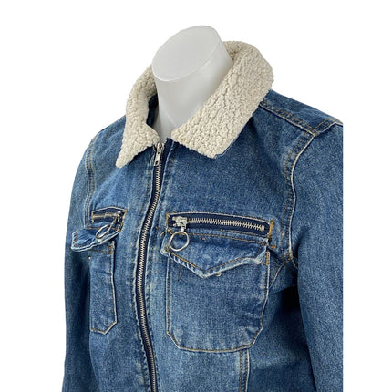 Refuge Women's Blue Sherpa Trim Full Zip Long Sleeve Trucker Denim Jean Jacket S