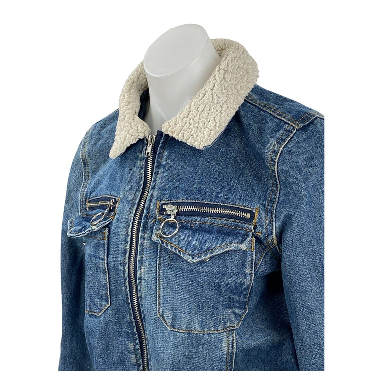 Refuge Women's Blue Sherpa Trim Full Zip Long Sleeve Trucker Denim Jean Jacket S