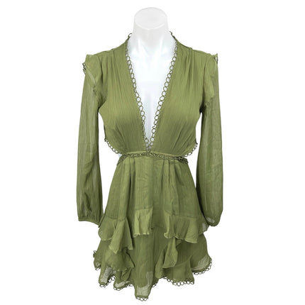 ASOS Design Green V-Neck Cutout Back Long Sleeve Ruffle Mini Fit & Flare Dress 6