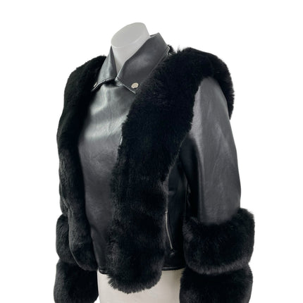 Women's Black Faux Fur Trim Faux Vegan Leather Crop Moto Biker Coat Jacket Sz S