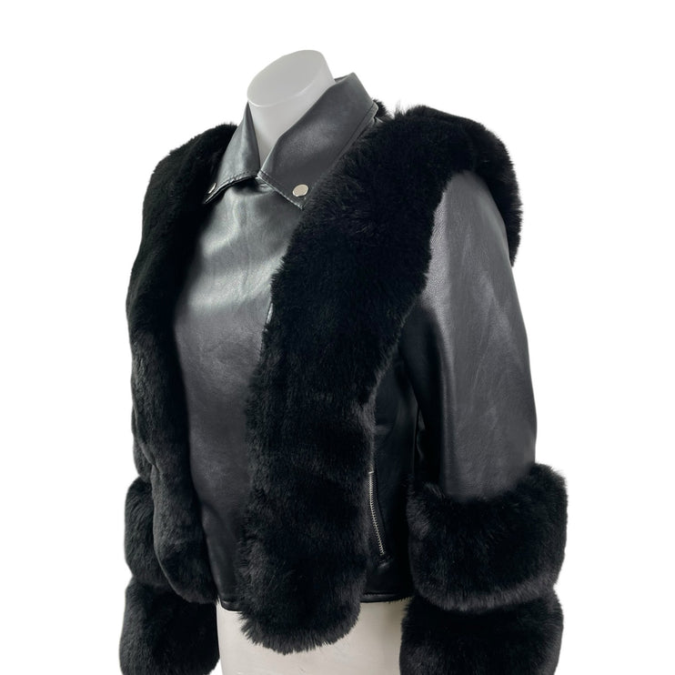 Women's Black Faux Fur Trim Faux Vegan Leather Crop Moto Biker Coat Jacket Sz S