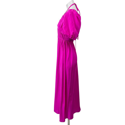 Whistles Cecille 100% Silk Womens Pink Short Puff Sleeves Halter Midi Dress Sz 4