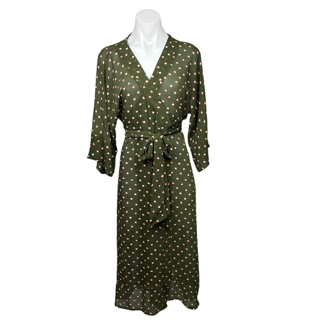 Josa Tulum Green Long Sleeve Polka Dot Print Kimono Wrap Midi Dress On Brie Josa Tulum Green Long Sleeve Polka Dot Print Kimono Wrap Midi Dress On Brie
