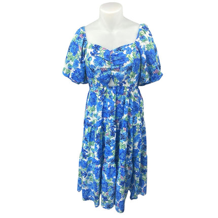 NEW BTFBM Blue Floral Short Puff Sleeve Cutout Tiered Maxi Midi A-Line Dress XXL