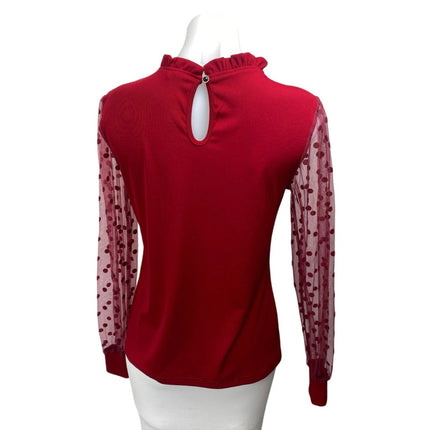 B Red Long Sleeve Mesh Polka Dots Ribbed Knit Mock Neck Ruffle Blouse Top Size M