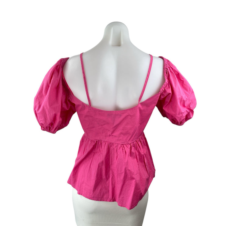 Aqua Women's Fuchsia Pink Short Puff Sleeve Ruched Tie Peplum Blouse Top Size M